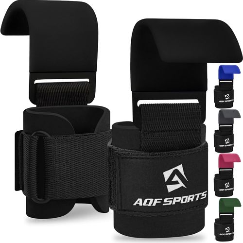 AQF Weight Lifting Hooks Straps, Non-Slip Rubber Coating Grips 8mm Thick Padded Neoprene with Double Stitching for Powerlifting Deadlifts Gym Chin Pull Up Exercise Fitness - Black