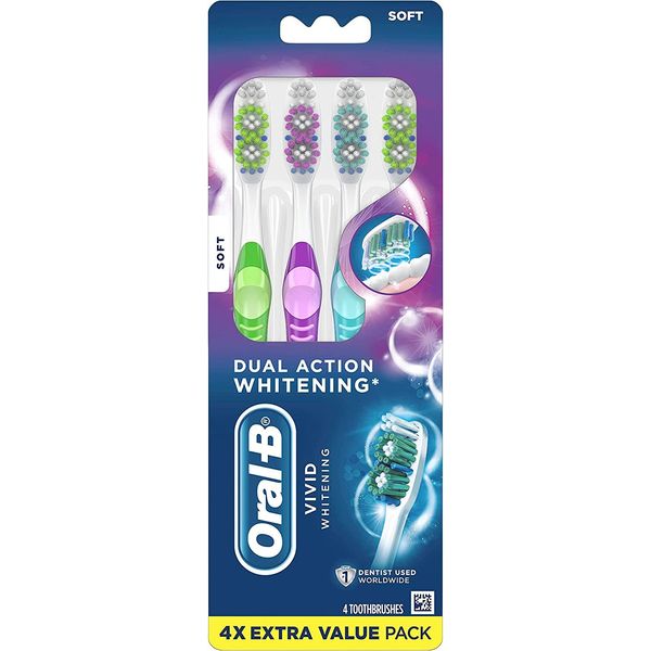 Oral-B Vivid Dual Action Whitening Toothbrushes, Soft, 4 Count (Packaging and Product Color May Vary)