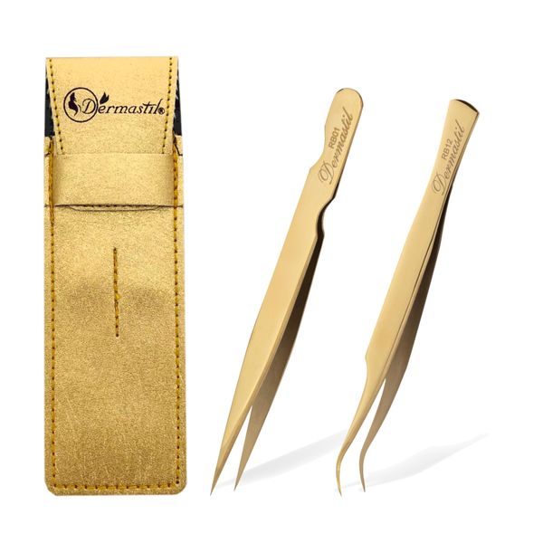 Dermastil Professional Handmade Gold Tweezers Set with Case Eyelash Tweezers Set for Precise Eyelash Extensions RB01 Straight Tip RB12 Curved Tip Tweezers Eyelash Extensions