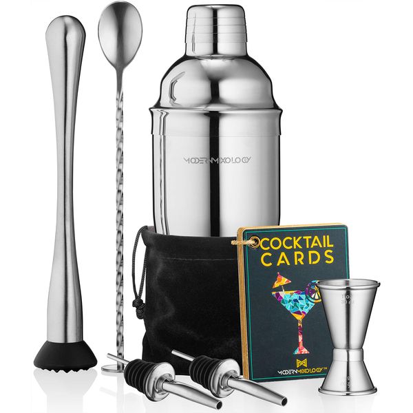 Mixology Cocktail Shaker Set Drink Mixer, 8-Piece Portable Bartender Kit with 24oz Martini Shaker Barware Tool Set, 2 Pourers, Muddler, Jigger, Mixing Spoon, Velvet Bag, Built-in Strainer (Silver)