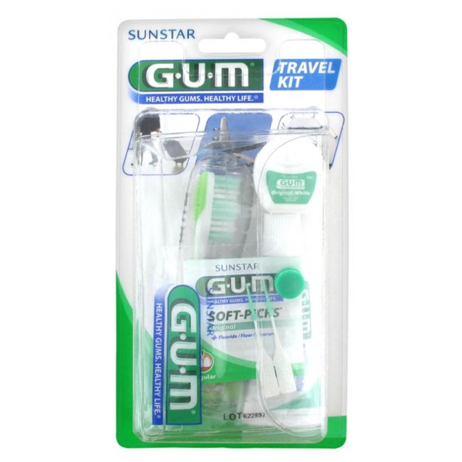 GUM Travel Kit: toothbrush, toothpaste, dental floss, Soft pick, New