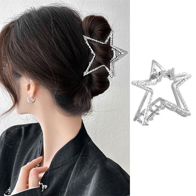 Star Hair Claw Clips Metal Silver Hair Clips Large Non-Slip Sparkly Headdress Hair Clip for Thick/Thin Hair Jaw Clips Hair Strong Grip Clips Hair Accessories for Women Girls 1Pcs