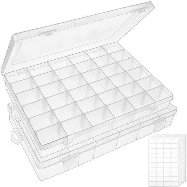 OUTUXED 2pack 36 Grids Clear Plastic Organizer Box Container Craft Storage with Adjustable Dividers for Beads Organizer Art DIY Crafts Jewelry Fishing Tackles with 5 Sheets Label Stickers