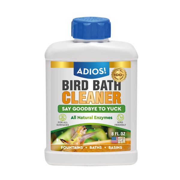 ADIOS! Bird Bath Cleaner for Outdoor Fountains and Bowls, Safely Cleans Metal, Glass and Stone (8oz)