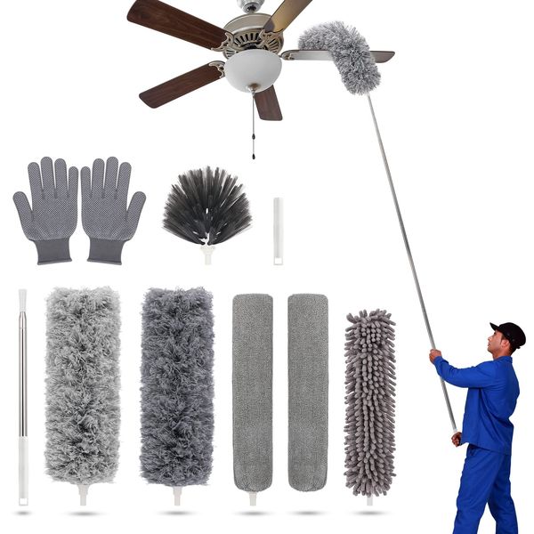 Duster with Extension Pole for Cleaning Ceiling Fans, High Ceilings, in Addition, Dusters for Cleaning Can Also Be Used for Low Places Cleaning, Such As Cabinets, Sofas, and Other Small Spaces. Gray