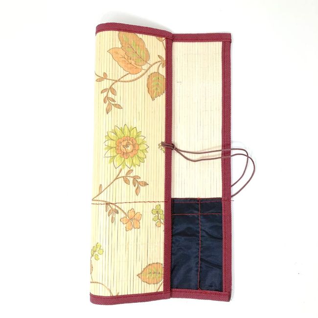 pkpohs Brush Scroll, Floral Pattern, With Pockets, Storage, Portable, Calligraphy, Bristle Brush, Made of Bamboo Compact (M)