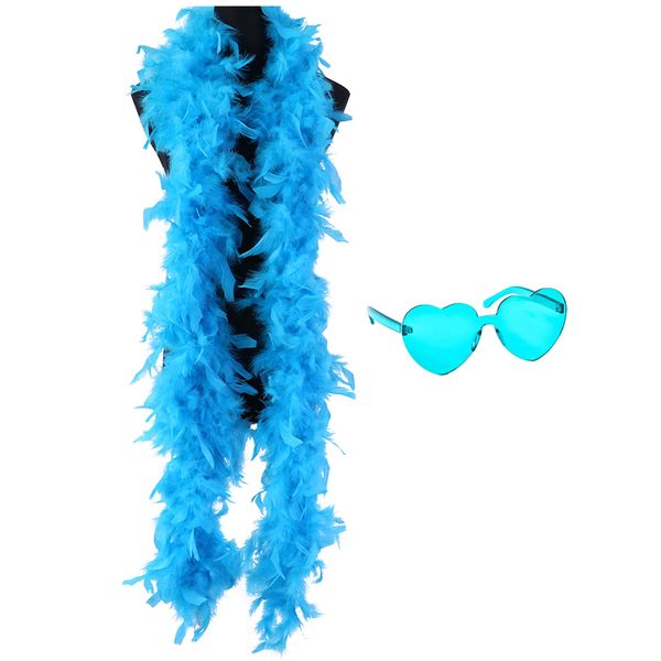 db11 Colorful Feather Boas, 6.6ft Feather Boa for Women for Dancing Wedding Party Cosplay Halloween,with Heart Rimless Sunglasses (Lake Blue)