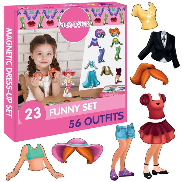 magdum NEW Look - Dress-Up Magnetic Play Set - 23 PCS Magnetic Dress - Up Pretend Play Doll Set with 56 Outfits - Game set for girls