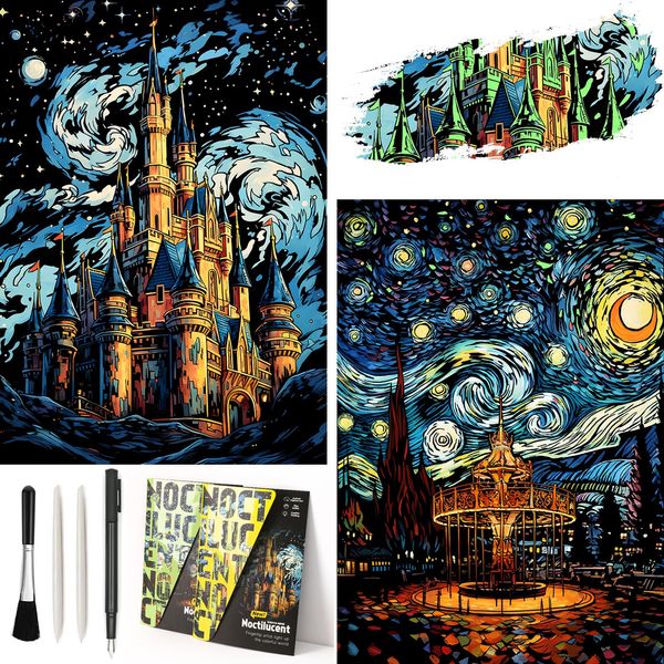 Glow in the dark Scratch Art Rainbow Painting Paper, 2 PACK Van Gogh Style Engraving Art Creative Craft Tools Set, Fun Magic DIY Sketch Card Scratchboard for Kids & Adults (Amusement Park+Castle)