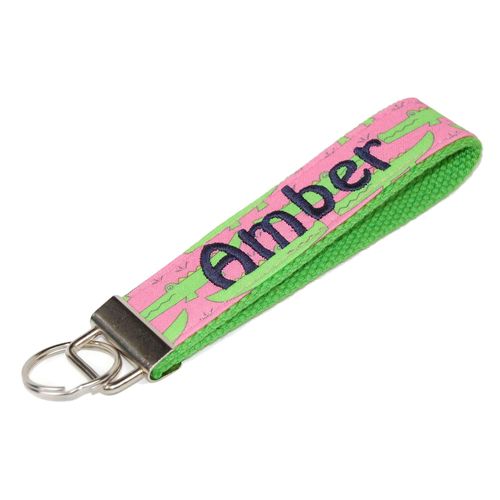 Embroidered Alligator Keychain Wristlet Pink and Green Personalized Gator Key Fob with Your Choice of Name and Colors
