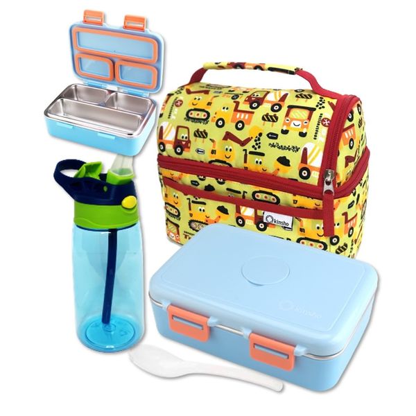 kinsho Stainless Steel Bento Box for Toddler Boys, Insulated Lunch Bag and Water Bottle Set for Toddlers. Snack Container for Small Kids, Baby Daycare or Pre-School Lunches, Blue Yellow Trucks