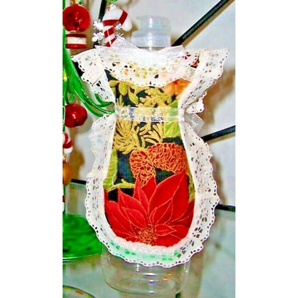 Christmas Poinsettia Print Apron Dish Soap, Pancake Syrup, Catsup Bottle Cover