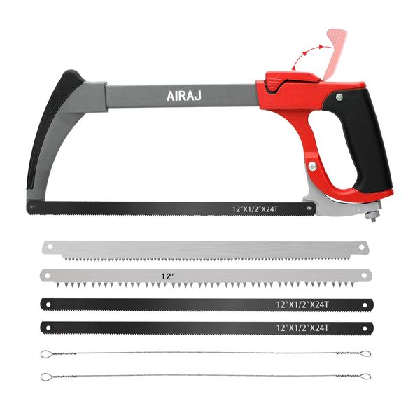 AIRAJ 12" Hack Saw for Metal, Hacksaw Frame Set With 7 Professional Hand Saw Blades of Replaceable, Two Sawing Angles (45°/90°) Metal Saw, WoodSaw,Hacksaw for Metal/Wood/Tree/PVC/Meat Sharp Cutting