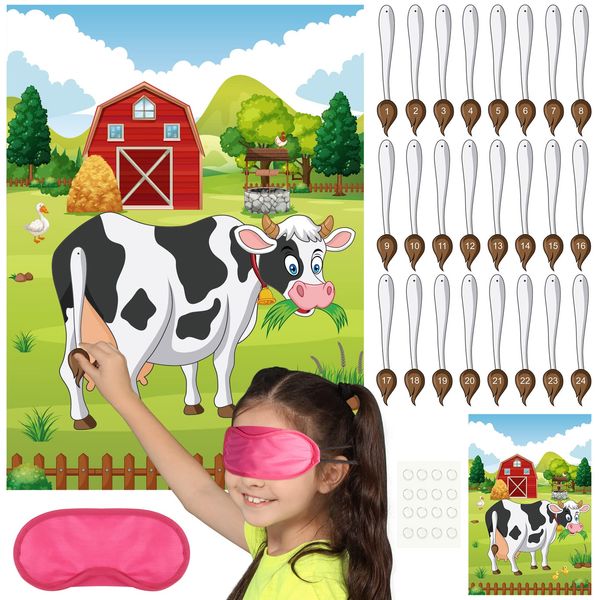 PLULON Pin the Tail on the Game Cow Game Poster with 24 Pcs Tail Stickers for Farm Animal Home Wall Decorations Birthday Party Game Supplies