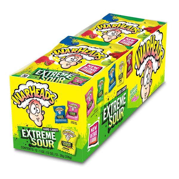 WARHEADS - Extreme Sour Hard Candy - Sour Apple, Black Cherry, Blue Raspberry, Lemon & Watermelon Flavors - 1 oz. Bags - 12 Pack