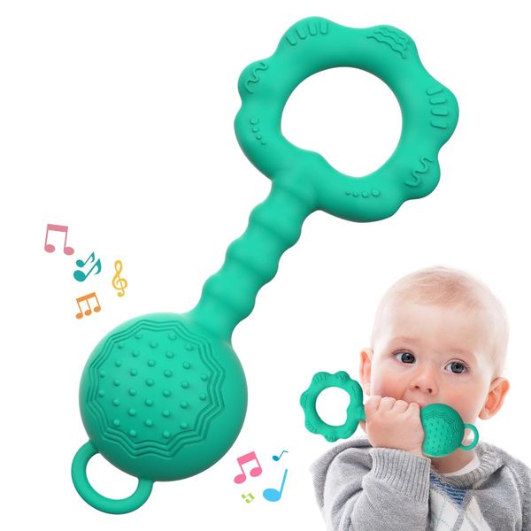 Teething Toys for Babies 0-6 Months, Baby Rattles 6 to 12 Months, 2-in-1 Rattle and Teether Toy for Soothing Sore Gums and Keeps Little Ones Entertained, Food Grade Silicone, Spearmint