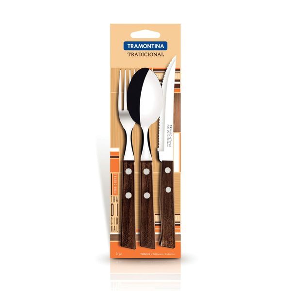 Tramontina Traditional Heavy Duty Natural Wood Handle Steak Knives 8.3" & Table Fork 7.5" & Tablespoon 7.5" Set of 3 3 Heat Treated Knives Lightweight Made in Brazil 22299/001 TRAMONTINA