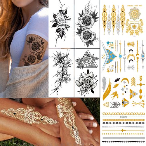 Tatuaggi Temporanei Adulti Donna Inchiostro Tatuaggi Finti Bambini Tattoo Sticker Fiori Festa Crea Adesivi Piccoli, 4 Fogli Tatuaggio Fiore Nero + 4 Fogli Di Tatuaggi In Pelle Di Metallo