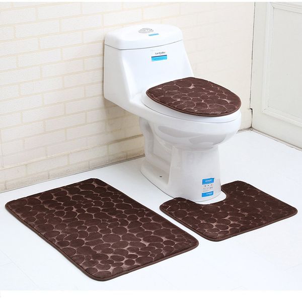 Aisaving 3pcs Non Slip Bath Mat Set Super Soft Pedestal and Bath Rug Memory Foam Pebble Shower Mat Quick Drying Bathroom Mat Carpet,U-Shaped Contour Mat and Toilet Seat Cover (Brown)