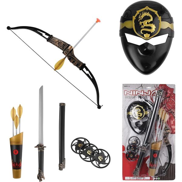 WonderfulGiftShop Ninja Warrior Archery Set with Bow and Arrow, Katana Sword, Sai, and Toy Melee Weapons for Kids' Pretend Play, Cosplay, and Costume Accessories