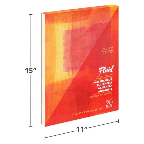 Fluid Artist Watercolor Pad, 140 lb (300 GSM) Cold Press Paper Pad for Watercolor Painting and Wet Media, Fold Over, 11 x 15 inches, 20 White Sheets