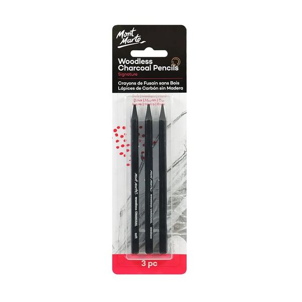 MONT MARTE Charcoal Pencils Set - 3 pieces - Black Charcoal with different degrees of hardness - Ideal Charcoal Pencils for impressive drawings - Perfect for Beginners, Professionals and Artists