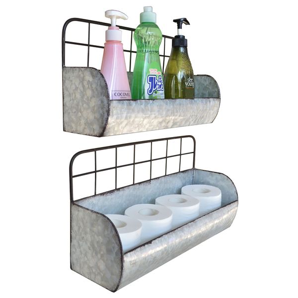 ShabbyDecor Galvanized Metal Farmhouse Wall Storage Holder Rustic Tin Shelves for Kitchen Laundry Room Bathroom Metal Hanging Wire Basket Set of 2