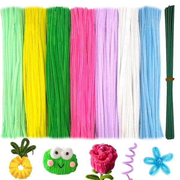 720 Pieces Pipe Cleaners Flower Set, 700 Flower Corlor Chenille Stems Whith 20 Pcs Flower Stems, Craft Supplies Bulk for DIY Art and Craft Projects Creative Gift Wrapping Party Decorations(Flower)