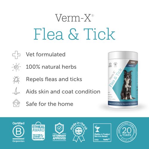Verm-X Flea & Tick Powder for Dogs, Effective Natural Repellent, 100% Natural Ingredients, Environmentally Friendly