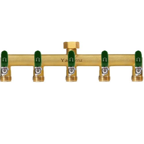Yayamz Garden Hose Splitter, 3/4” Rust and Freeze Resistant Outdoor Hose Manifold with 5 green Extra Long Handles Faucet Adapter-Heavy Duty Brass 5-Way Valve