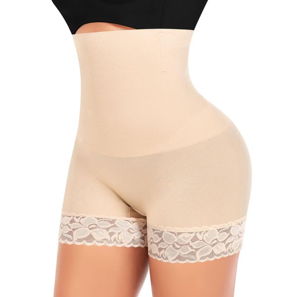 YARRCO Bauchweg Unterhose Damen Shapewear Nahtlose Spitze Miederhhose Hohe Taille Kurze Miederpants Body Shaper Leggings Figurformende Unterwäsche (Beige, S)