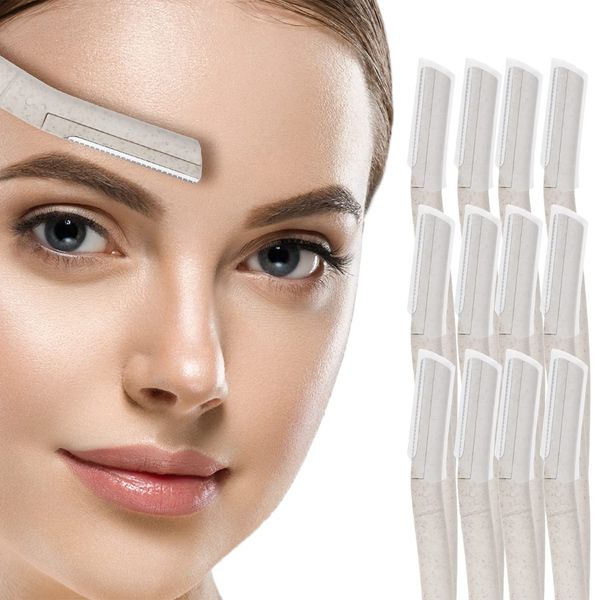 Nylea Eyebrow Razor Biodegradable 12 Pack Trimmer [Extra Precision] Eco-Friendly Disposable Facial Hair Shaper Remover, Dermaplaning Dermaplane Shaving Tool - Facial Shave Shaver w/ Precision Cover for Men & Women