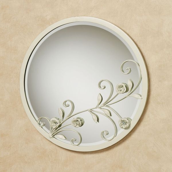 Roses of Love Swirling Vine Round Wall Mirror Creamy Gold 20 Inch Diameter