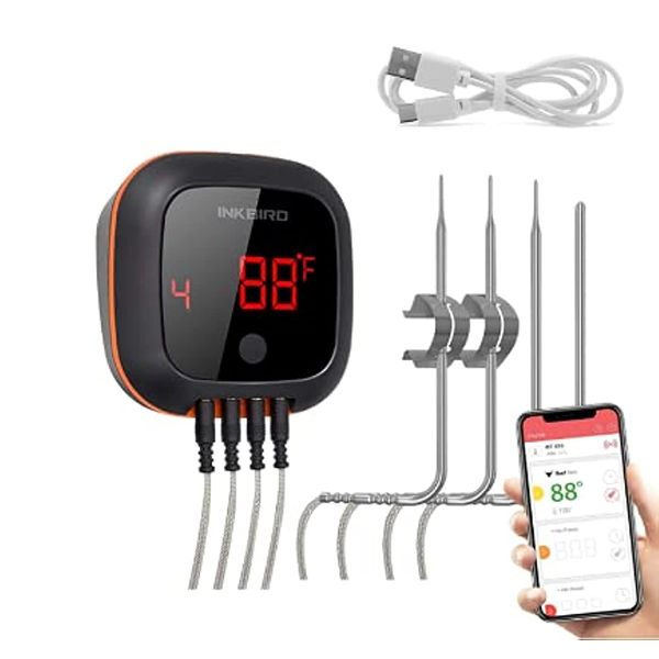 Inkbird IBT-4XS Bluetooth Wireless Grill BBQ Thermometer for Grilling with 4 Probes, Timer, Alarm,150 ft Barbecue Cooking Kitchen Food Meat Thermometer for Smoker, Oven, Drum