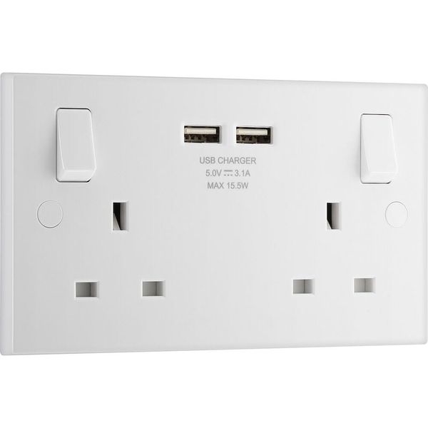 BG Electrical Double Switched Power Wall Plug Socket with with Two Type A USB Charging Ports, Square Edge, Nexus 900 Series, White Moulded, 13A, 15W, 922U3