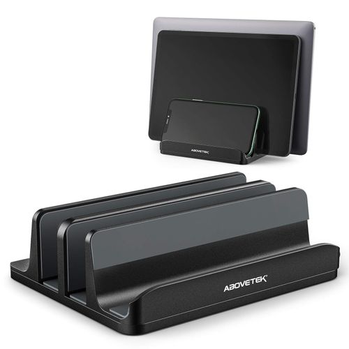 AboveTEK Vertical Laptop Stand, Laptop Holder for Laptops up to 17.3 Inches, 4 in 1, 3 Slots Non-Slip Silicone Grips for MacBook/Notebook/iPad/Laptop/Tablet/Phone, Black