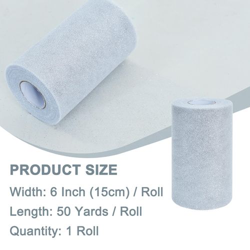 TONIFUL Silver Glitter Tulle Roll 6 Inch x 50 Yard Tulle Ribbon for Tutu Skirt, Wedding Christmas Baby Shower Valentine's Decorations and DIY Crafts