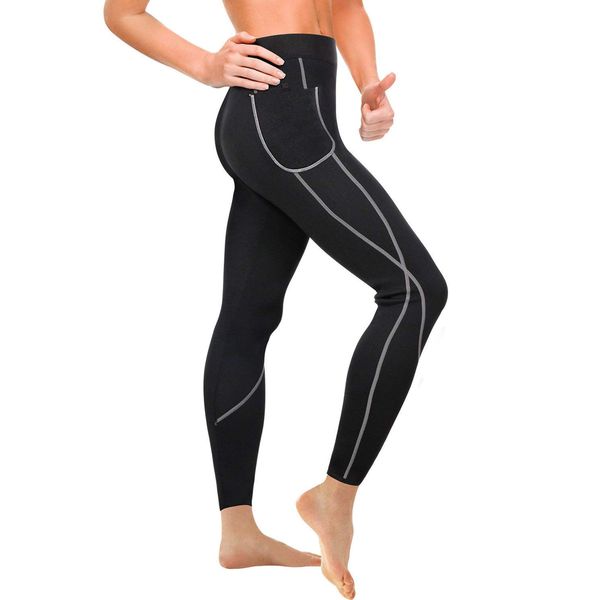 Gotoly Damen Neopren Sporthose Gewichtsverlust Sauna Hose Abnehmen Leggings Yoga Jogging Fitness Hot Thermo Sweat Gym Tights Wear Workout Body Shaper mit Taschen (M, Schwarz)