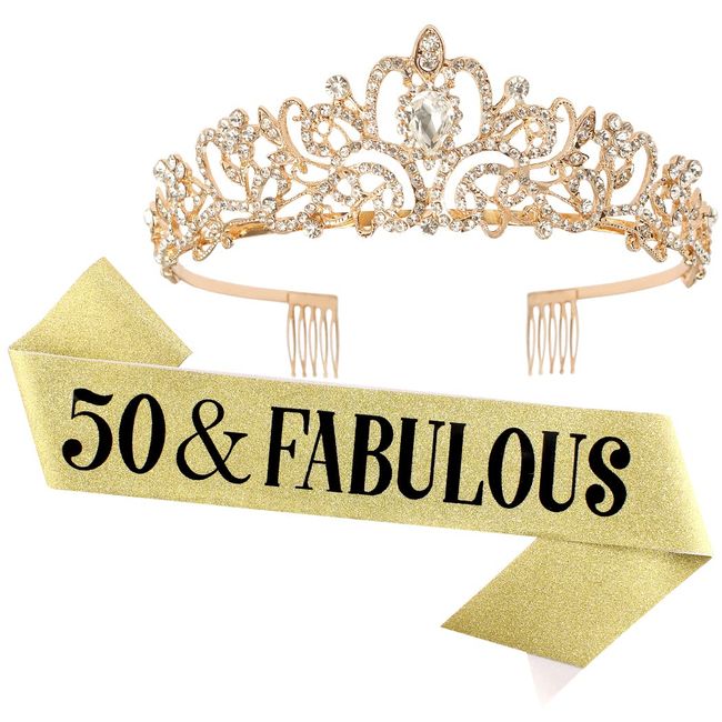 AOPRIE 50 Fabulous Birthday Crown for Women Gold Birthday Tiara for Girls 50th Birthday Gifts Decoration for Women Princess Crown Rhinestone Headband Happy Birthday Accessories