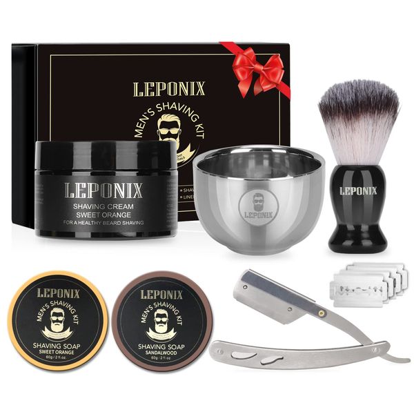 Straight Razor Shaving Kit, Includes 2 Packs Shaving Soap, Straight Edge Razor, Shaving Cream,Shaving Brush and Shaving Bowl Shaving Unique Gifts Set Stocking Stuffers for Men Him Dad (Sweat Orange)