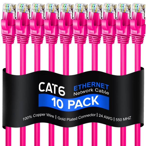 Maximm Cat 6 Ethernet Cable 5 Ft, 100% Pure Copper, (10 Pack) LAN Cable, Patch Cable and Network Cable - UTP (Pink) 5 Feet