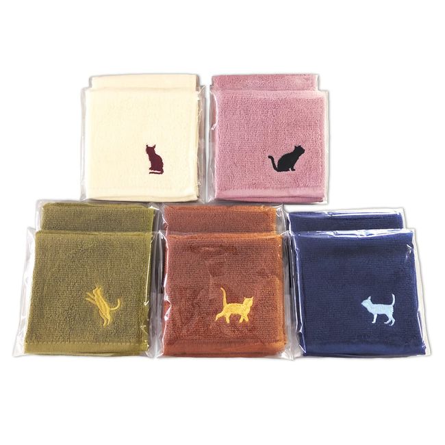 Cat Embroidered Towel Handkerchief, Mini Towel, Gift, Wrapping, Set of 10 in 5 Colors, 7.9 x 7.9 inches (20 x 20 cm)