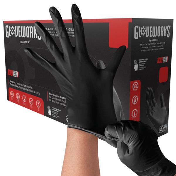 GLOVEWORKS Black Disposable Nitrile Industrial Gloves, 5 Mil, Latex & Powder-Free, Food-Safe, Textured, X-Large, Box of 100