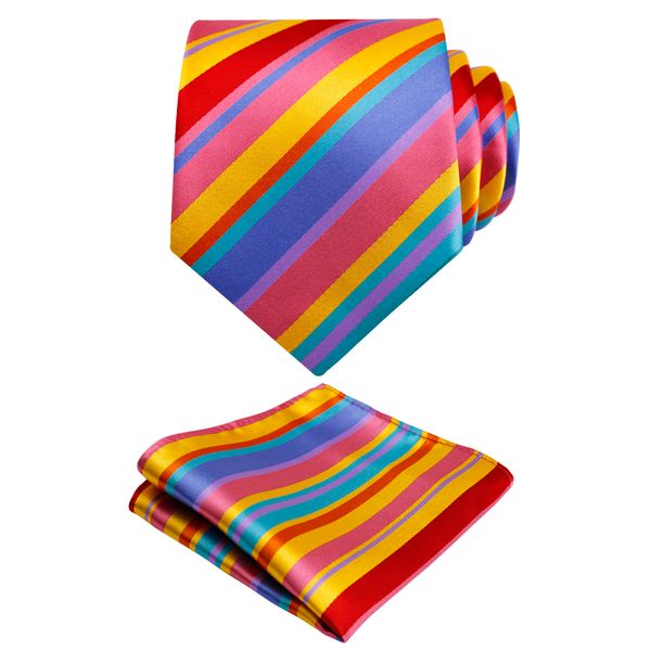Alizeal Mens 8cm Rainbow Patterned Colorful Tie with Pocket Square Set, Rainbow-1