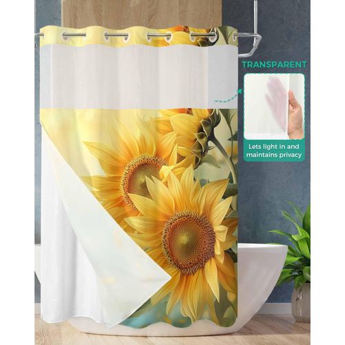 Sunflowers No Hook Shower Curtain with Snap in Liner Waterproof Fabric Shower Curtain Set for Bathroom Botanical Watercolor Yellow Flowers Plants Shower Curtain with See Through Top Window 60"x72"