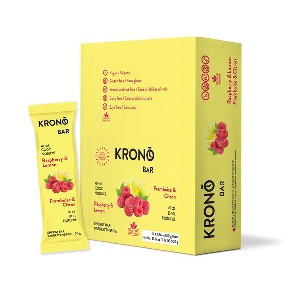 Krono Nutrition Energy Bar - Made with Natural Ingredients - Vegan - Gluten Free - Nuts Free - Soy Free - 50 gram per bars, 12 count (Raspberry & Lemon)