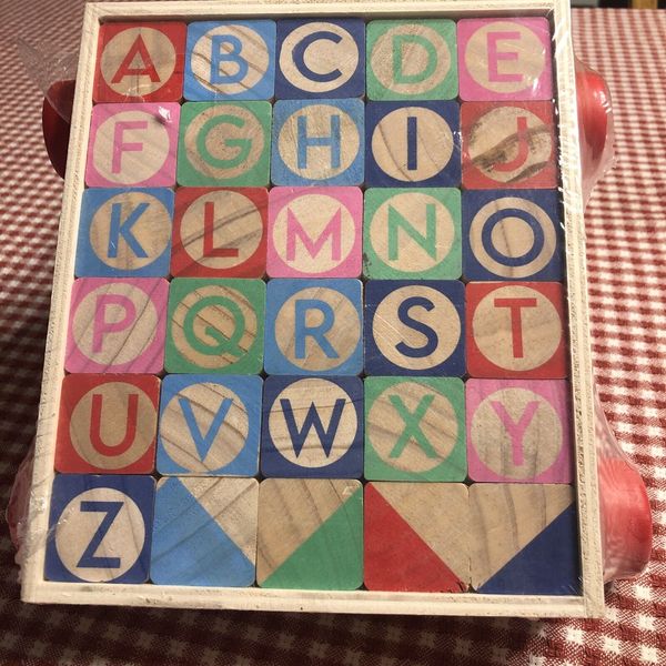 Learn & Play Wooden Alphabet Blocks Colorful 30 Count Pull Toy on Wheels Age 4+