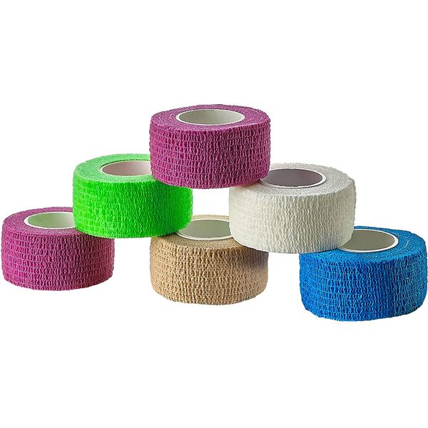 Self Adherent Cohesive Wrap Bandages - (Pack of 6 Rolls) 1 Inch X 5 Yards with Strong Elastic and Colorful First Aid Tape for Sprain Swelling and Soreness on Wrist and Ankle (Rainbow Color)