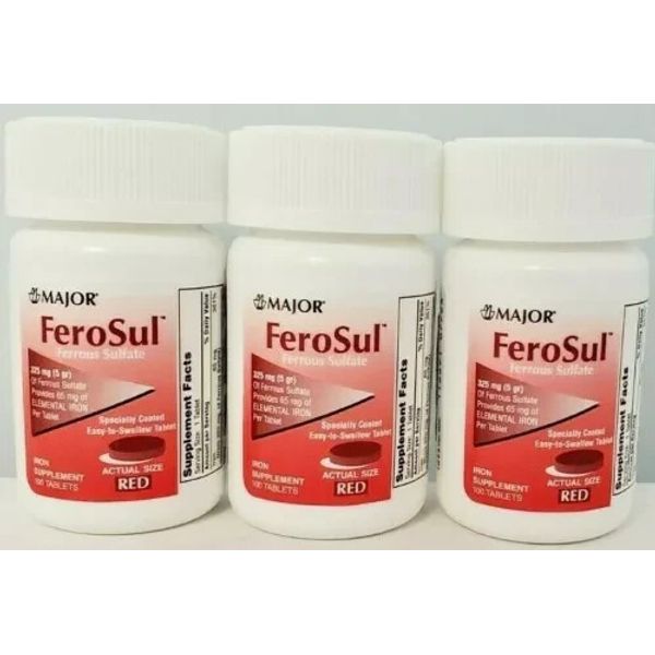 Major FeroSul Ferrous Sulfate 325mg Red Iron Supplement Tablets 100 Ct, 3Pack