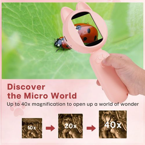 TINYLENS Mia Kids Microscope, Mini Digital Microscope for Kids with 2'' IPS Screen, Handheld Mini Scope Educational Science Toy Kit, Christmas/Birthday Gifts for Kids Aged 3-6,7-12 (Pink)